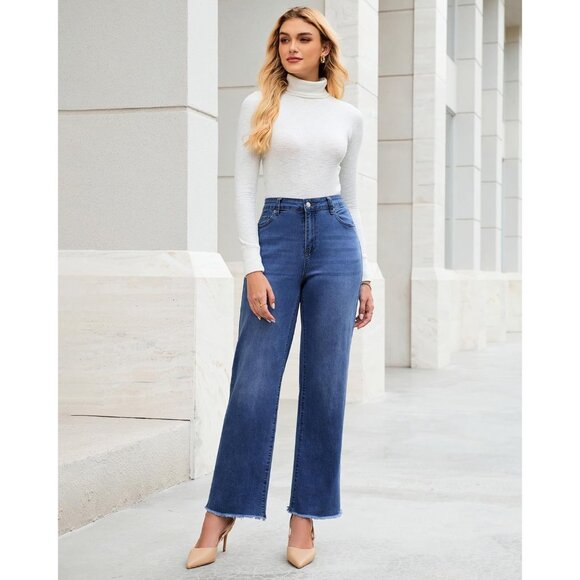 Women’s High Waisted Straight Leg Jeans Frayed Hem Stretchy Denim Casual - Picture 4 of 6